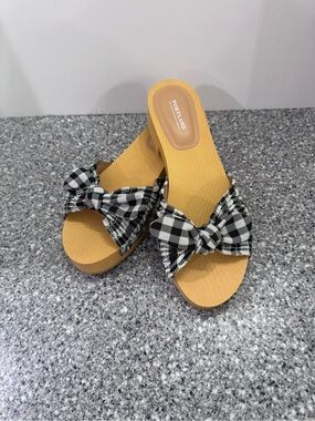 Portland Callie Gingham Bow Wooden Heel Slide Sandals Size 11 Black White